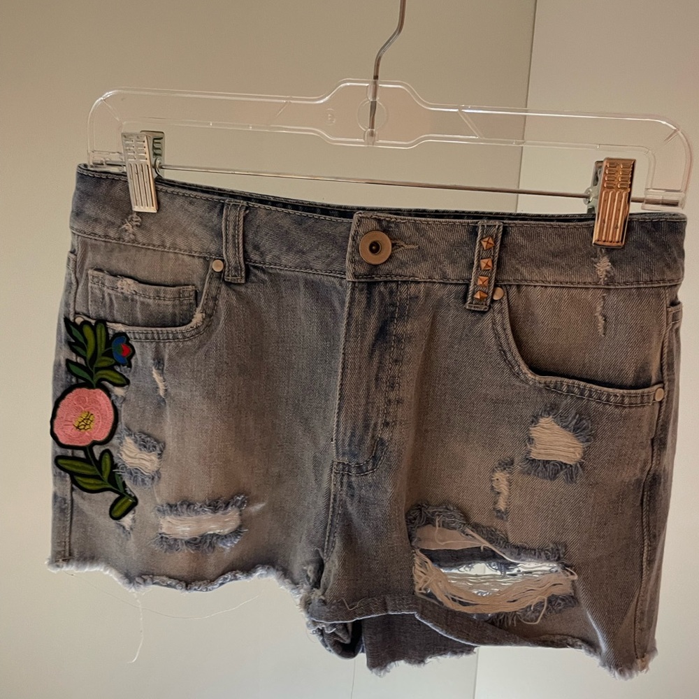 Love, fire patchwork jean shorts